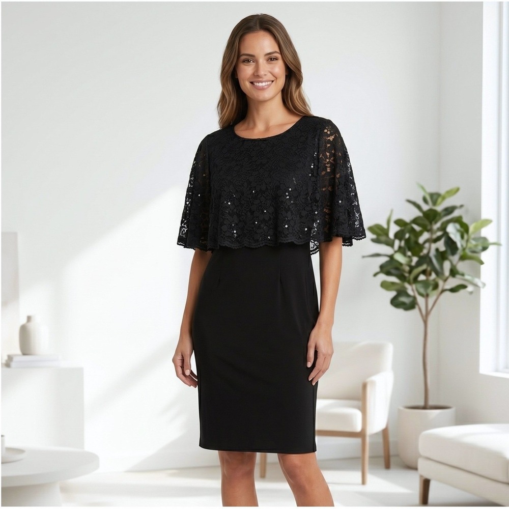 Jessica‎ Howard Sheath Dress 6 Black Lace Sequin Capelet Overlay Cocktail Formal